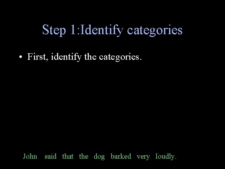 Step 1: Identify categories • First, identify the categories. John said that the dog