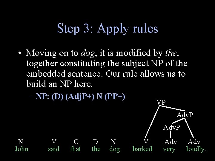 Step 3: Apply rules • Moving on to dog, it is modified by the,