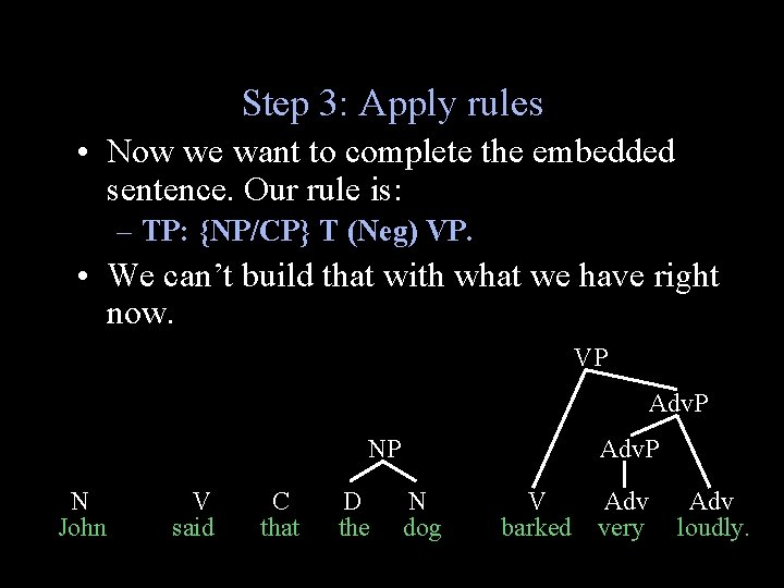 Step 3: Apply rules • Now we want to complete the embedded sentence. Our