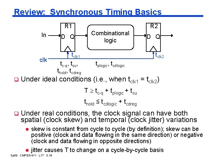 Review: Synchronous Timing Basics R 1 In clk q D Q tclk 1 tc-q,