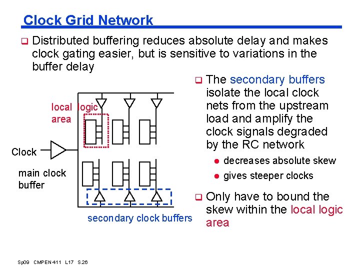 Clock Grid Network q Distributed buffering reduces absolute delay and makes clock gating easier,