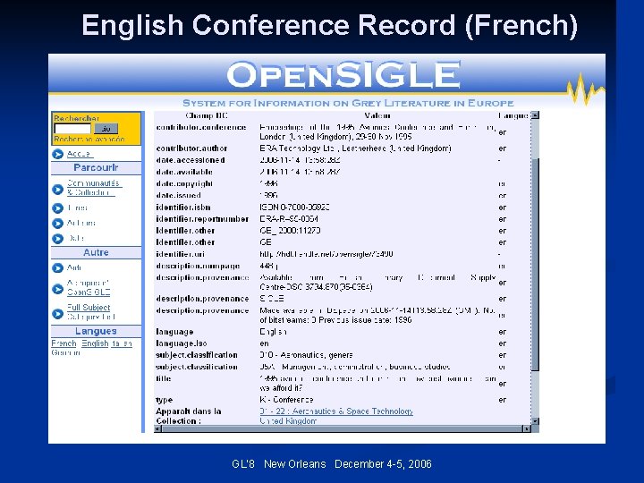 English Conference Record (French) GL’ 8 New Orleans December 4 -5, 2006 