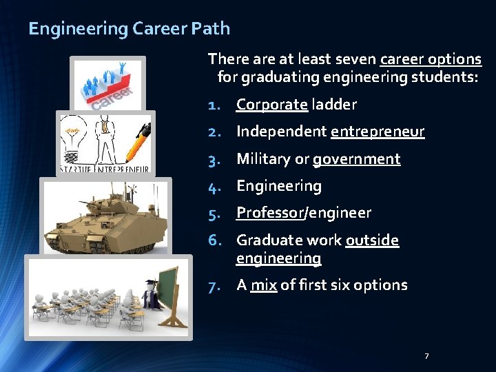Engineering Career Path There at least seven career options for graduating engineering students: 1.
