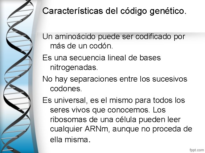 Características del código genético. Un aminoácido puede ser codificado por más de un codón.