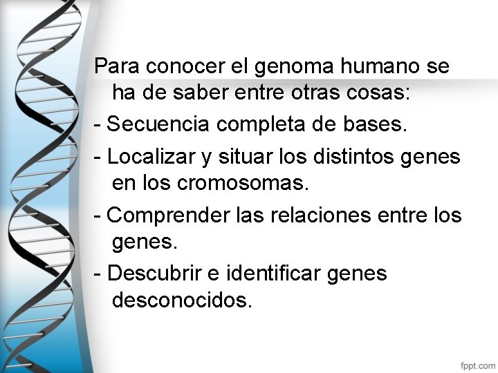 Para conocer el genoma humano se ha de saber entre otras cosas: - Secuencia