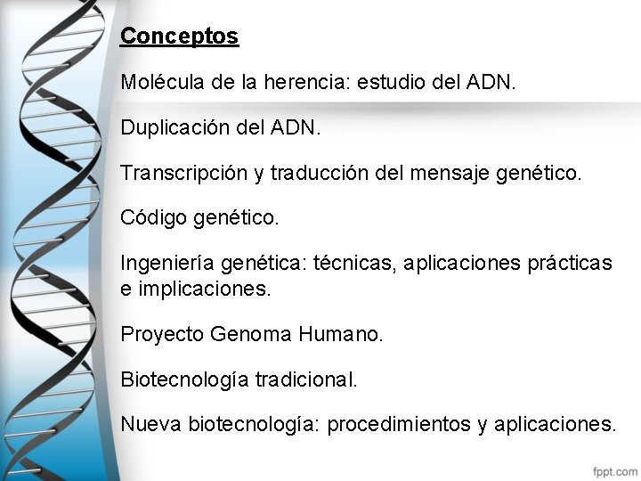 Conceptos Molécula de la herencia: estudio del ADN. Duplicación del ADN. Transcripción y traducción
