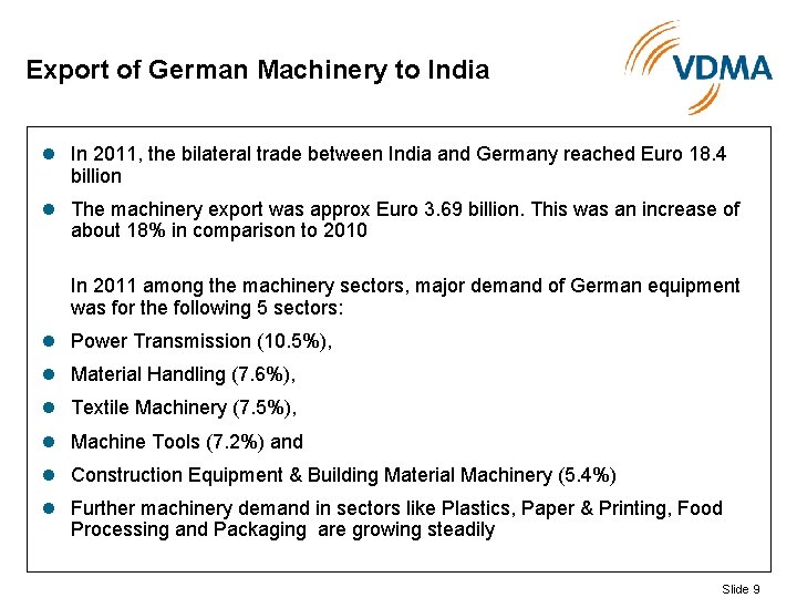 Export of German Machinery to India l In 2011, the bilateral trade between India