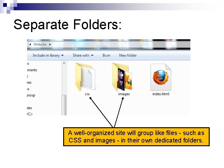 Separate Folders: A well-organized site will group like files - such as CSS and