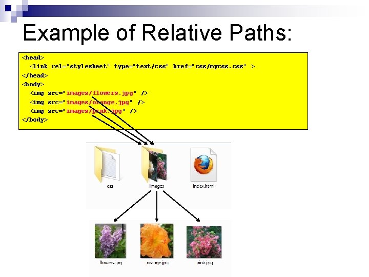 Example of Relative Paths: <head> <link rel="stylesheet" type="text/css" href="css/mycss. css" > </head> <body> <img