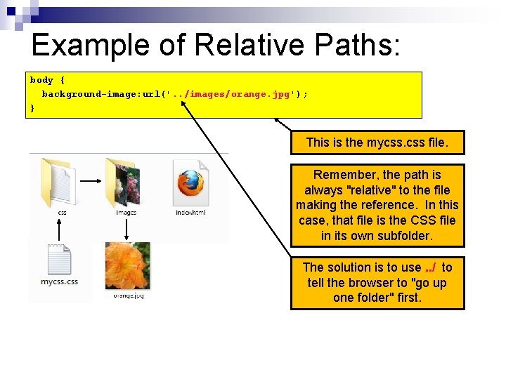Example of Relative Paths: body { background-image: url('. . /images/orange. jpg'); } This is