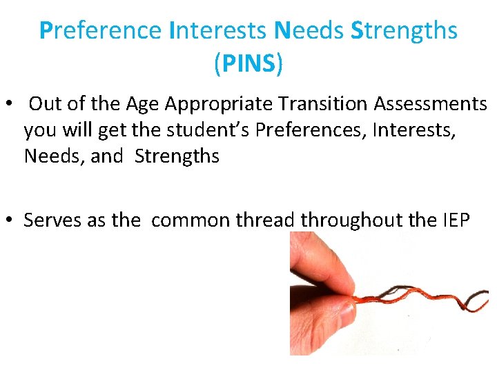 Preference Interests Needs Strengths (PINS) • Out of the Age Appropriate Transition Assessments you