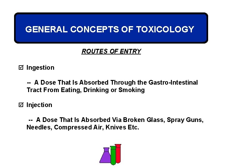 GENERAL CONCEPTS OF TOXICOLOGY ROUTES OF ENTRY þ Ingestion -- A Dose That Is