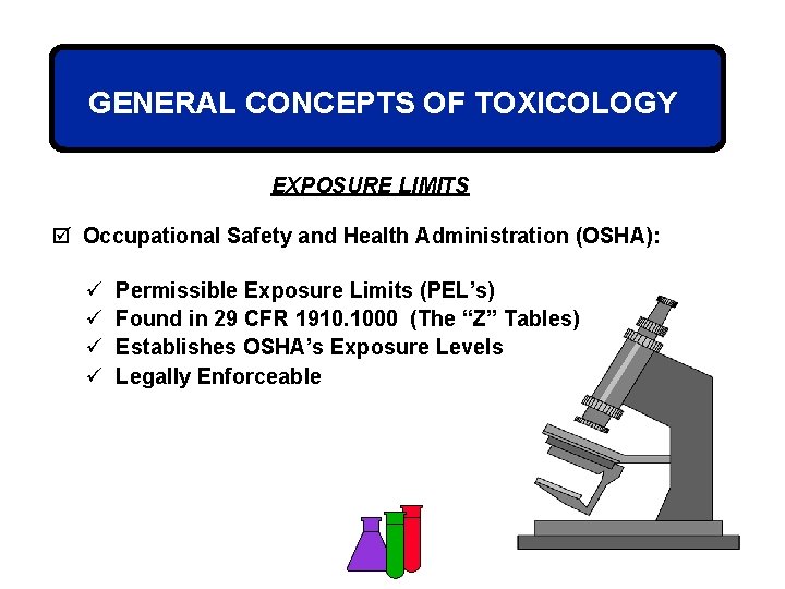 GENERAL CONCEPTS OF TOXICOLOGY EXPOSURE LIMITS þ Occupational Safety and Health Administration (OSHA): ü