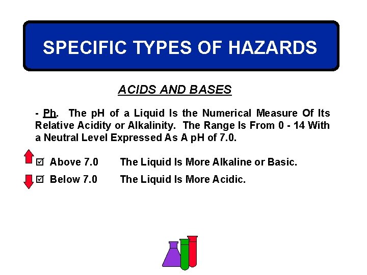 SPECIFIC TYPES OF HAZARDS ACIDS AND BASES - Ph. The p. H of a