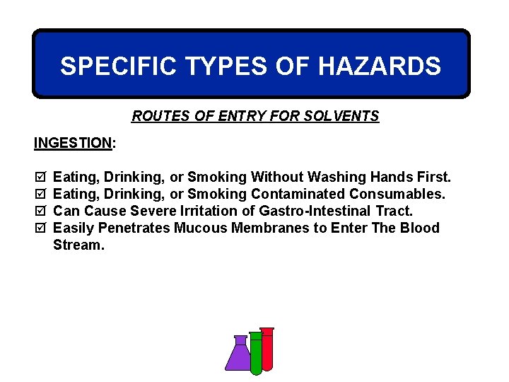 SPECIFIC TYPES OF HAZARDS ROUTES OF ENTRY FOR SOLVENTS INGESTION: þ þ Eating, Drinking,