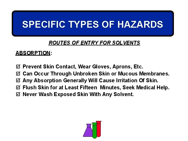 SPECIFIC TYPES OF HAZARDS ROUTES OF ENTRY FOR SOLVENTS ABSORPTION: þ þ þ Prevent