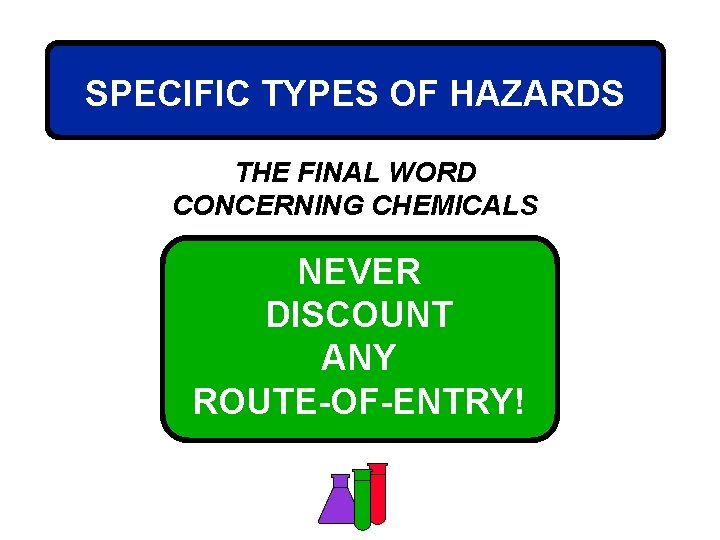 SPECIFIC TYPES OF HAZARDS THE FINAL WORD CONCERNING CHEMICALS NEVER DISCOUNT ANY ROUTE-OF-ENTRY! 