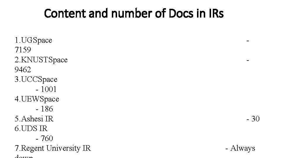 Content and number of Docs in IRs 1. UGSpace 7159 2. KNUSTSpace 9462 3.