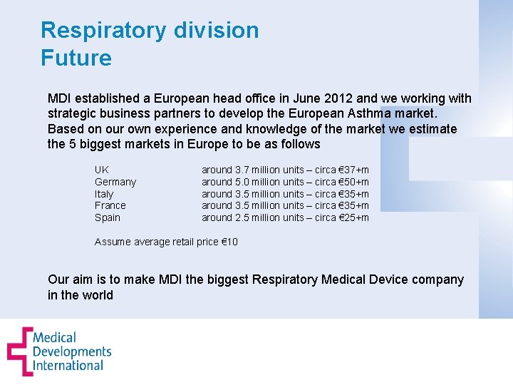 Respiratory division Future MDI established a European head office in June 2012 and we