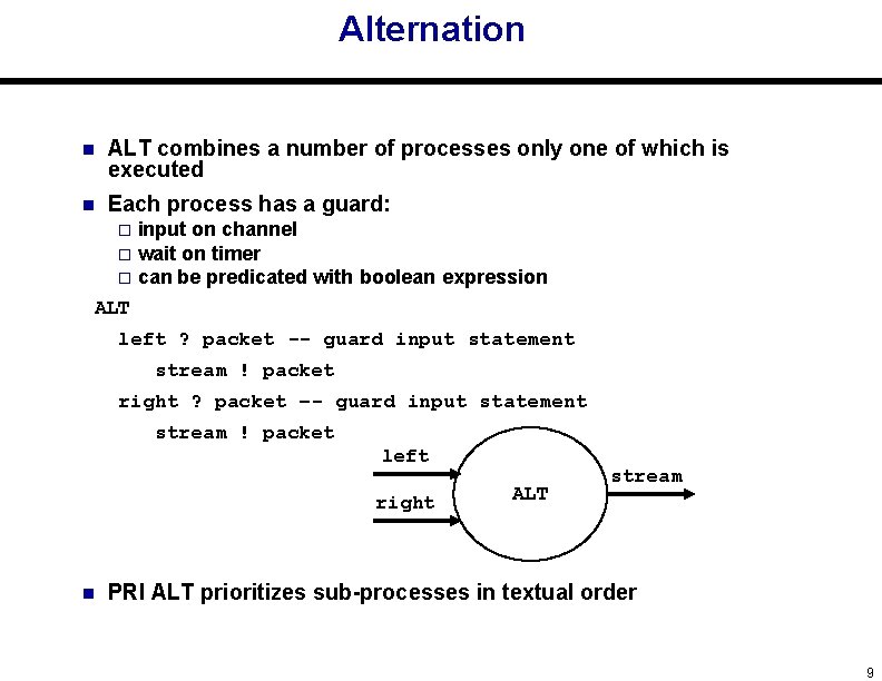 Alternation n ALT combines a number of processes only one of which is executed