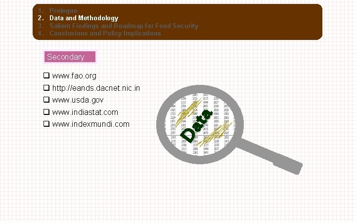 1. 2. 3. 4. Prologue Data and Methodology Salient Findings and Roadmap for Food