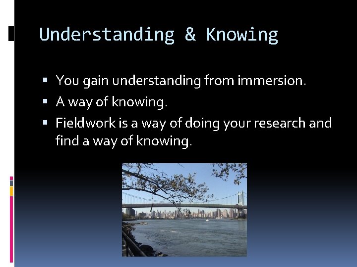 Understanding & Knowing You gain understanding from immersion. A way of knowing. Fieldwork is
