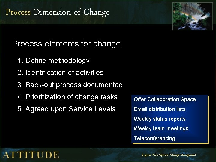 Process Dimension of Change Process elements for change: 1. Define methodology 2. Identification of