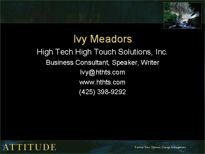 Ivy Meadors High Tech High Touch Solutions, Inc. Business Consultant, Speaker, Writer Ivy@hthts. com