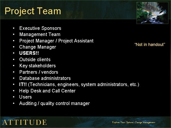 Project Team • • • • Executive Sponsors Management Team Project Manager / Project