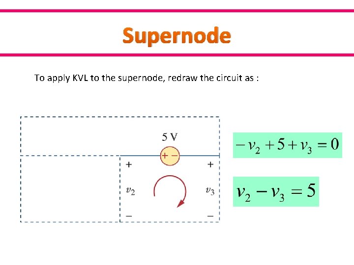 Supernode To apply KVL to the supernode, redraw the circuit as : 