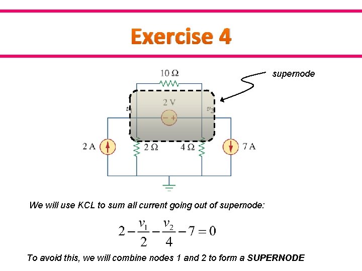 Exercise 4 supernode We will use KCL to sum all current going out of