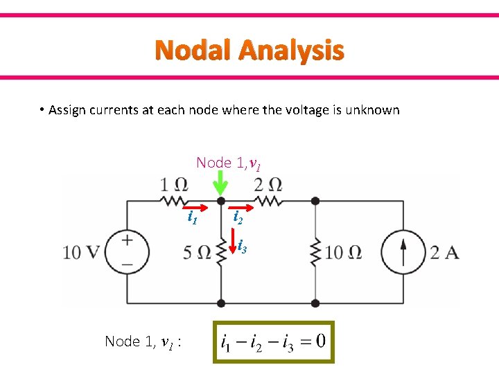 Nodal Analysis • Assign currents at each node where the voltage is unknown Node