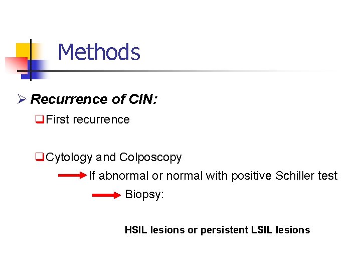 Methods Ø Recurrence of CIN: q. First recurrence q. Cytology and Colposcopy If abnormal