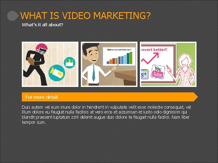 WHAT IS VIDEO MARKETING? What’s it all about? For more detail Duis autem vel