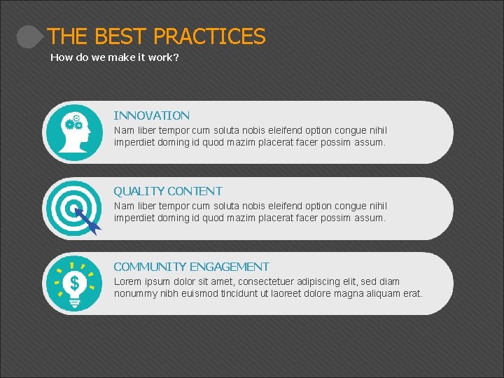 THE BEST PRACTICES How do we make it work? INNOVATION Nam liber tempor cum