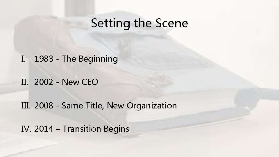 Setting the Scene I. 1983 - The Beginning II. 2002 - New CEO III.