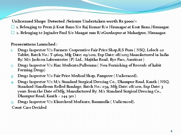 Unlicensed Shops Detected /Seizure Undertaken worth Rs 5000/= � 1. Belonging to Prem ji