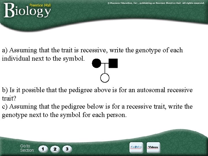 a) Assuming that the trait is recessive, write the genotype of each individual next