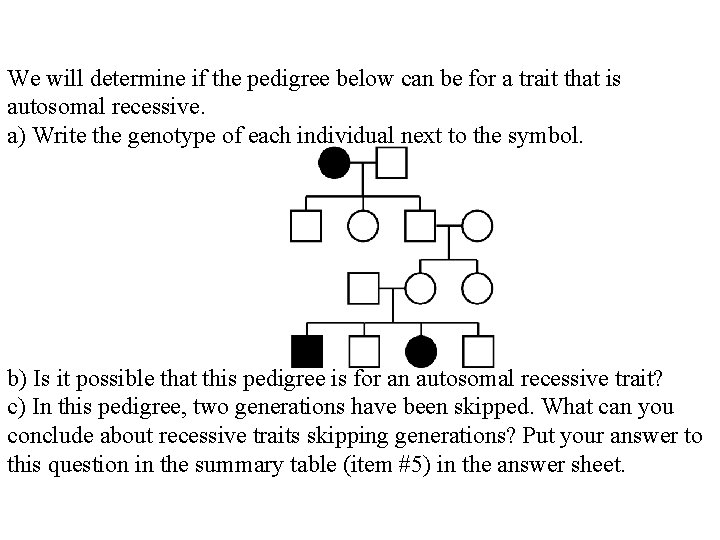 We will determine if the pedigree below can be for a trait that is