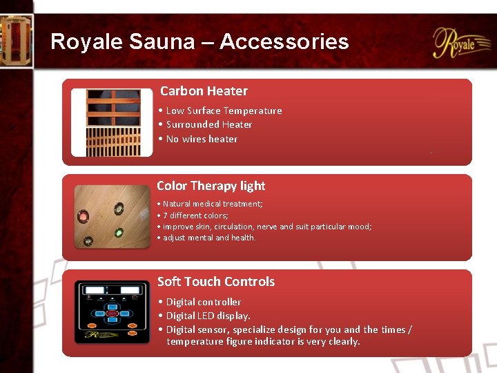 Royale Sauna – Accessories Carbon Heater • Low Surface Temperature • Surrounded Heater •