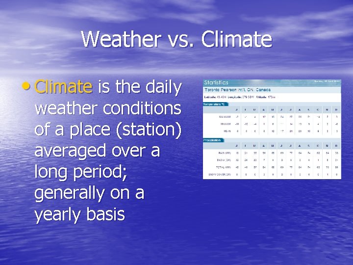 Weather vs. Climate • Climate is the daily weather conditions of a place (station)