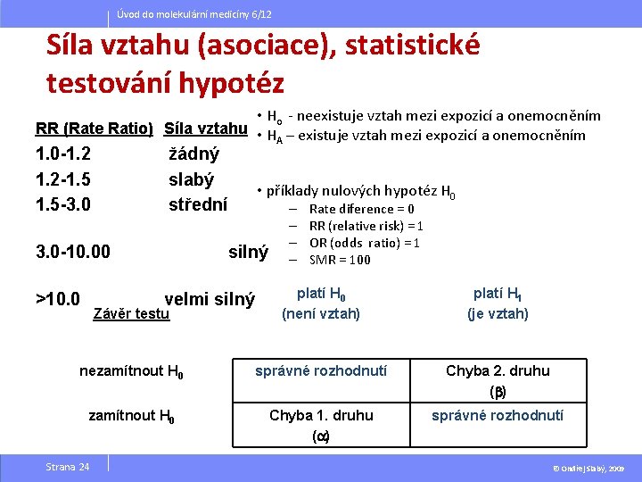 Úvod do molekulární medicíny 6/12 Síla vztahu (asociace), statistické testování hypotéz • Ho -