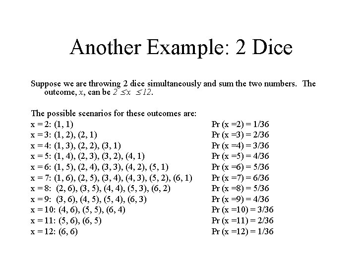 Another Example: 2 Dice Suppose we are throwing 2 dice simultaneously and sum the