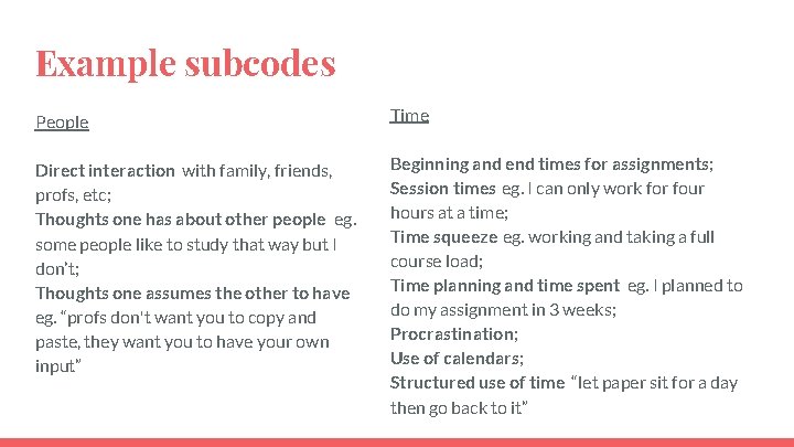 Example subcodes People Time Direct interaction with family, friends, profs, etc; Thoughts one has Example subcodes People Time Direct interaction with family, friends, profs, etc; Thoughts one has