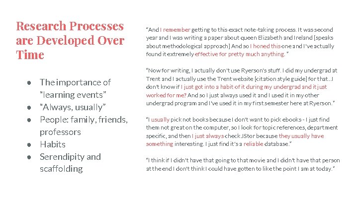 Research Processes are Developed Over Time ● The importance of “learning events” ● “Always, Research Processes are Developed Over Time ● The importance of “learning events” ● “Always,
