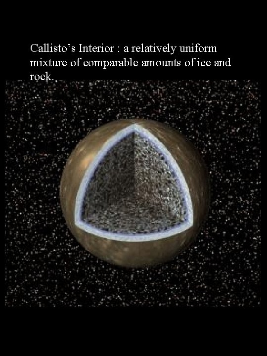 Callisto’s Interior : a relatively uniform mixture of comparable amounts of ice and rock.