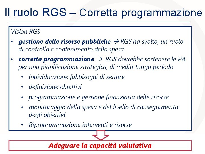 Il ruolo RGS – Corretta programmazione Vision RGS • gestione delle risorse pubbliche RGS