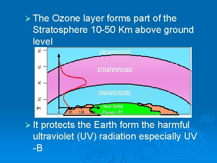 Ø The Ozone layer forms part of the Stratosphere 10 -50 Km above ground