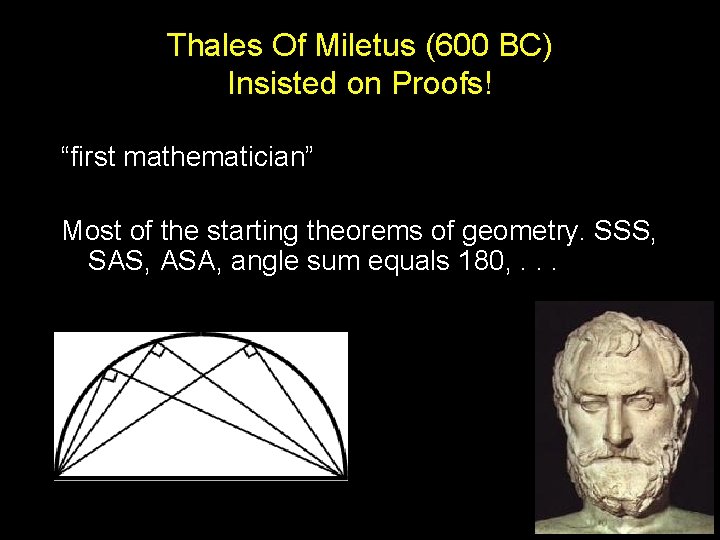 Thales Of Miletus (600 BC) Insisted on Proofs! “first mathematician” Most of the starting