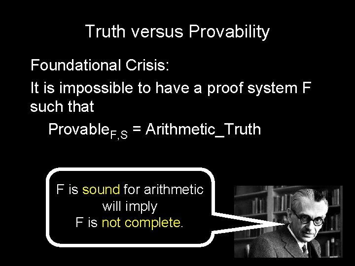Truth versus Provability Foundational Crisis: It is impossible to have a proof system F
